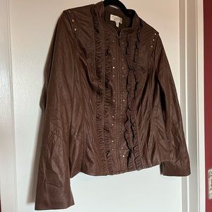Vintage brown faux leather ladies jacket with brass rivets and ruffled front.